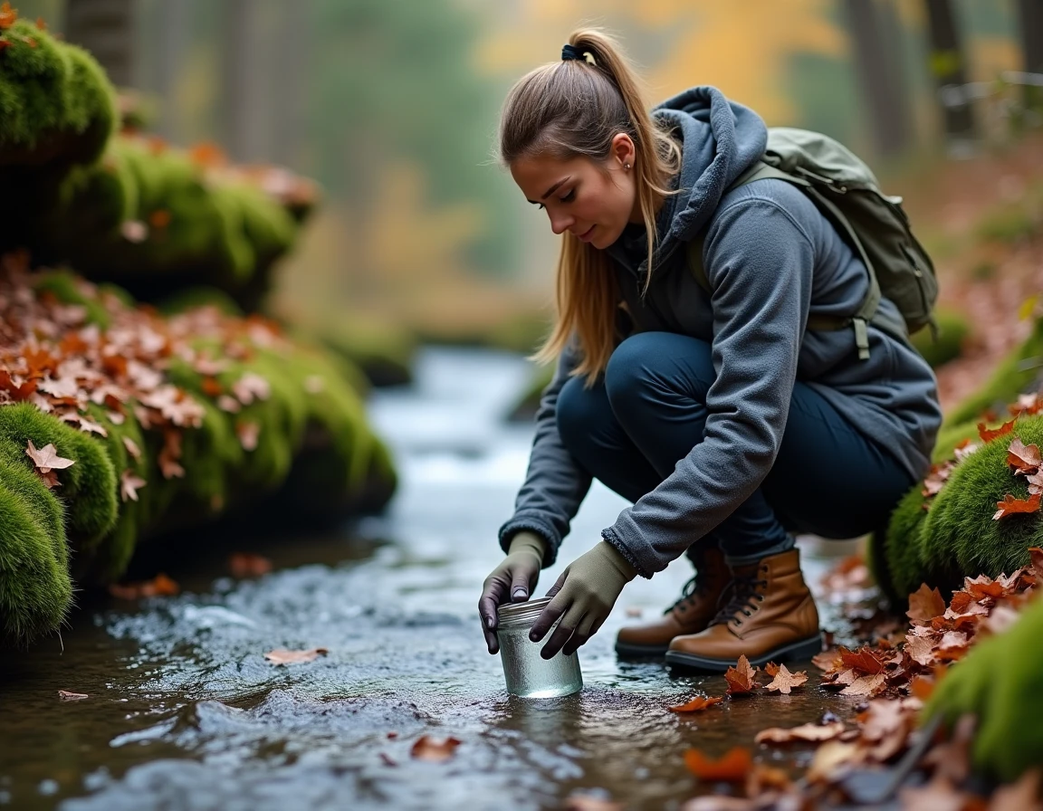 Femme participant à une activité de sensibilisation environnementale au bord d'un ruisseau en forêt