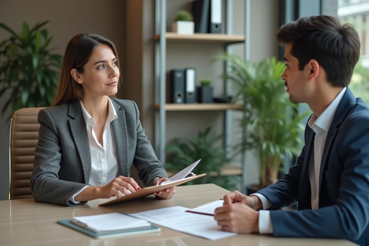 Agent immobilier en discussion avec un jeune homme au bureau