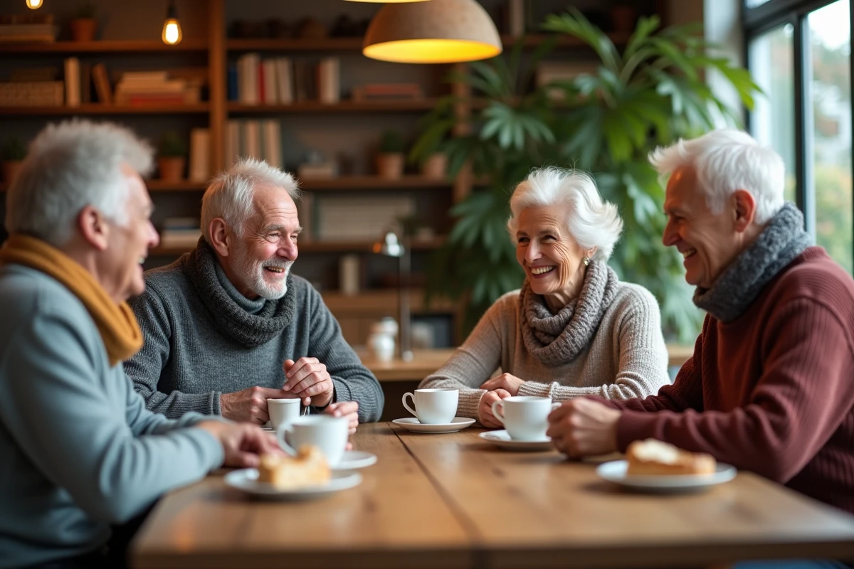 Groupe d amis seniors discutant autour d une table