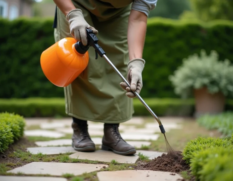 Femme appliquant un désherbant Ferber Painting sur les joints d'une allée en pierre dans un jardin à la française