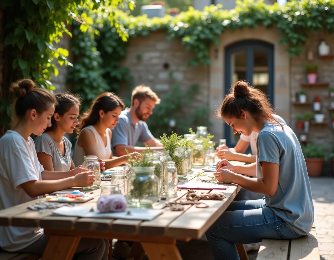 Atelier de upcycling écoresponsable en plein air réunissant un groupe intergénérationnel autour d'une table en bois