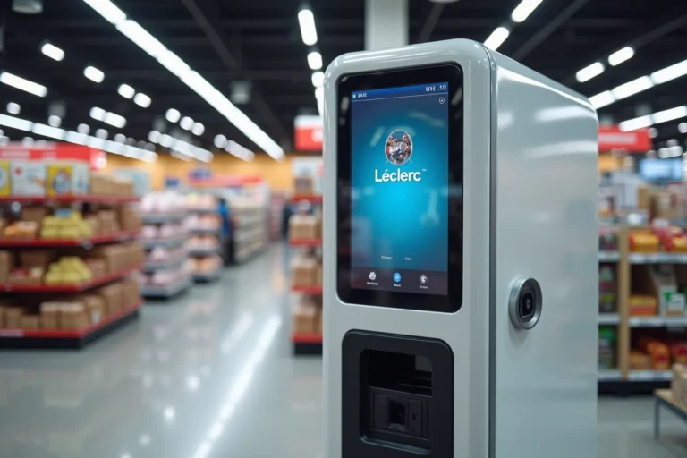 Borne photo Leclerc en libre-service dans un hypermarché, avec interface tactile et slot de sortie de photos
