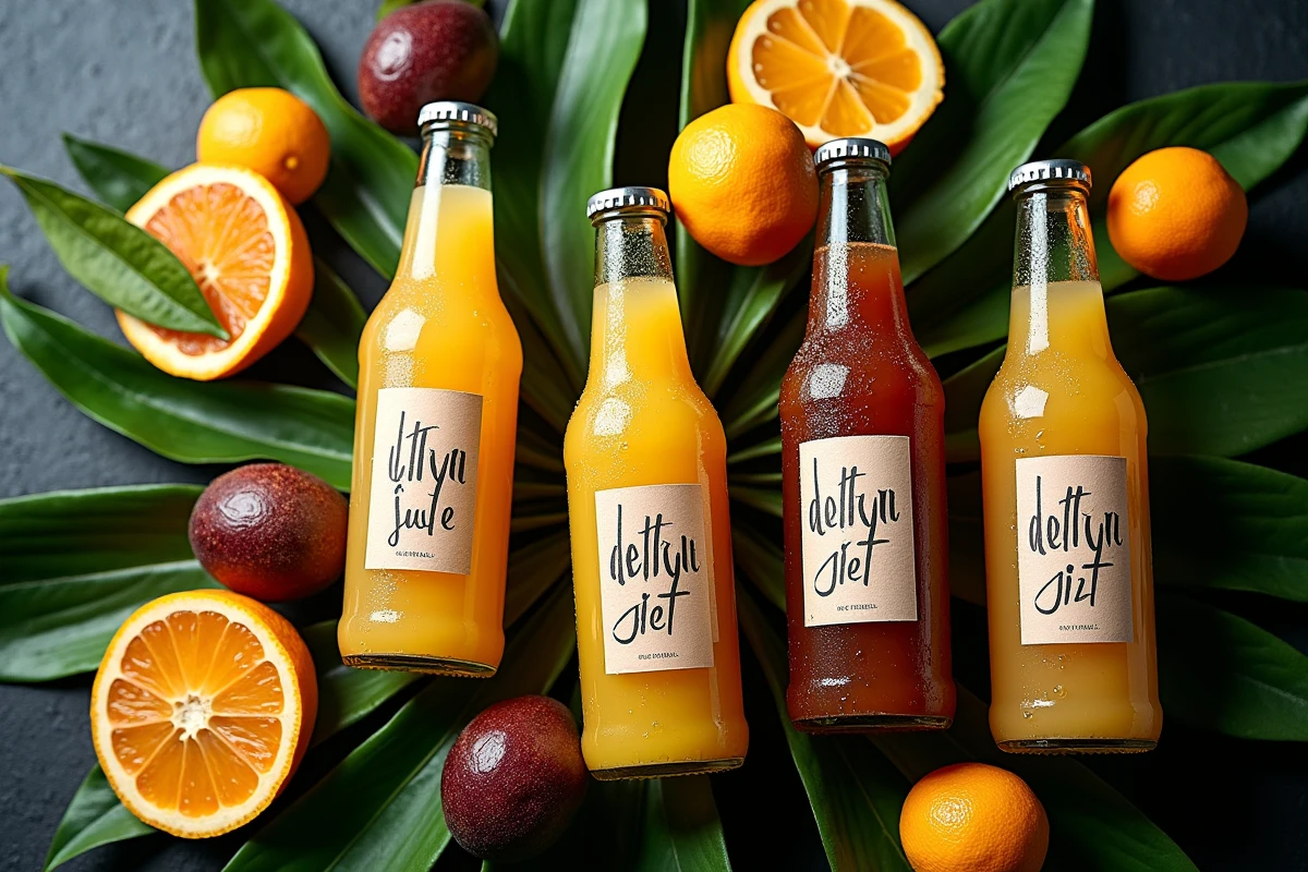 Bouteilles de jus Jafaden avec étiquettes manuscrites entourées de fruits tropicaux sur ardoise foncée pour illustrer l'identité de la marque