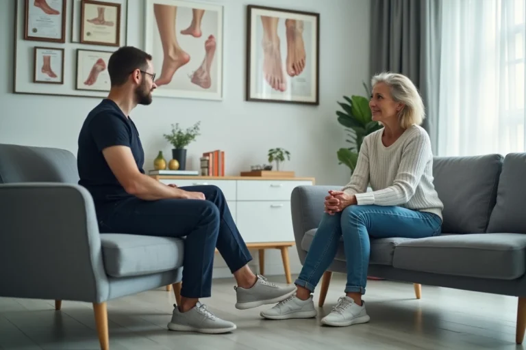 Femme discutant de santé du pied avec un podiatre dans un cabinet