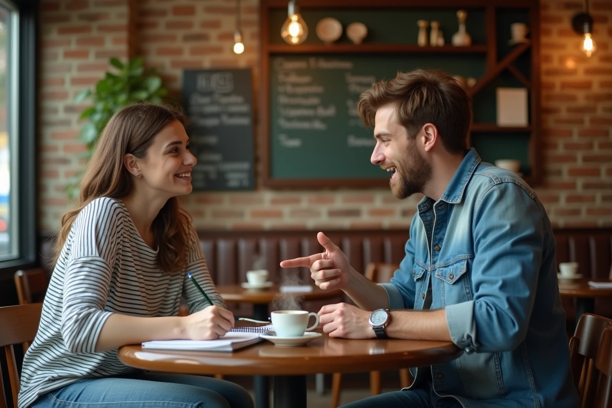 Deux jeunes adultes discutant de l'origine et de la signification d'un mot populaire autour d'un café dans un bistrot parisien