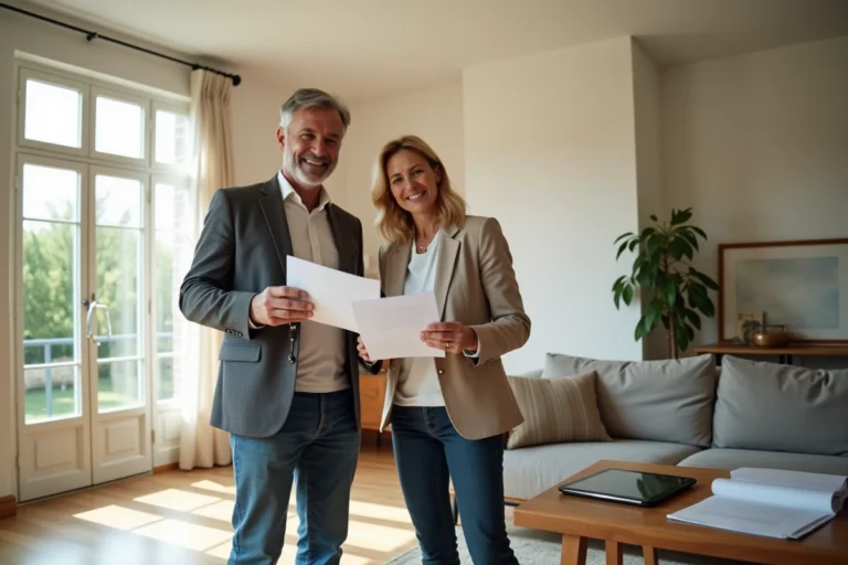 Couple souriant avec clés et documents dans un salon moderne