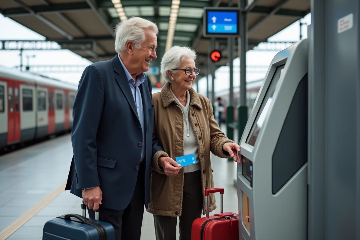 Couple de retraités SNCF validant leur carte de facilités de circulation sur un quai de gare avant de prendre le train