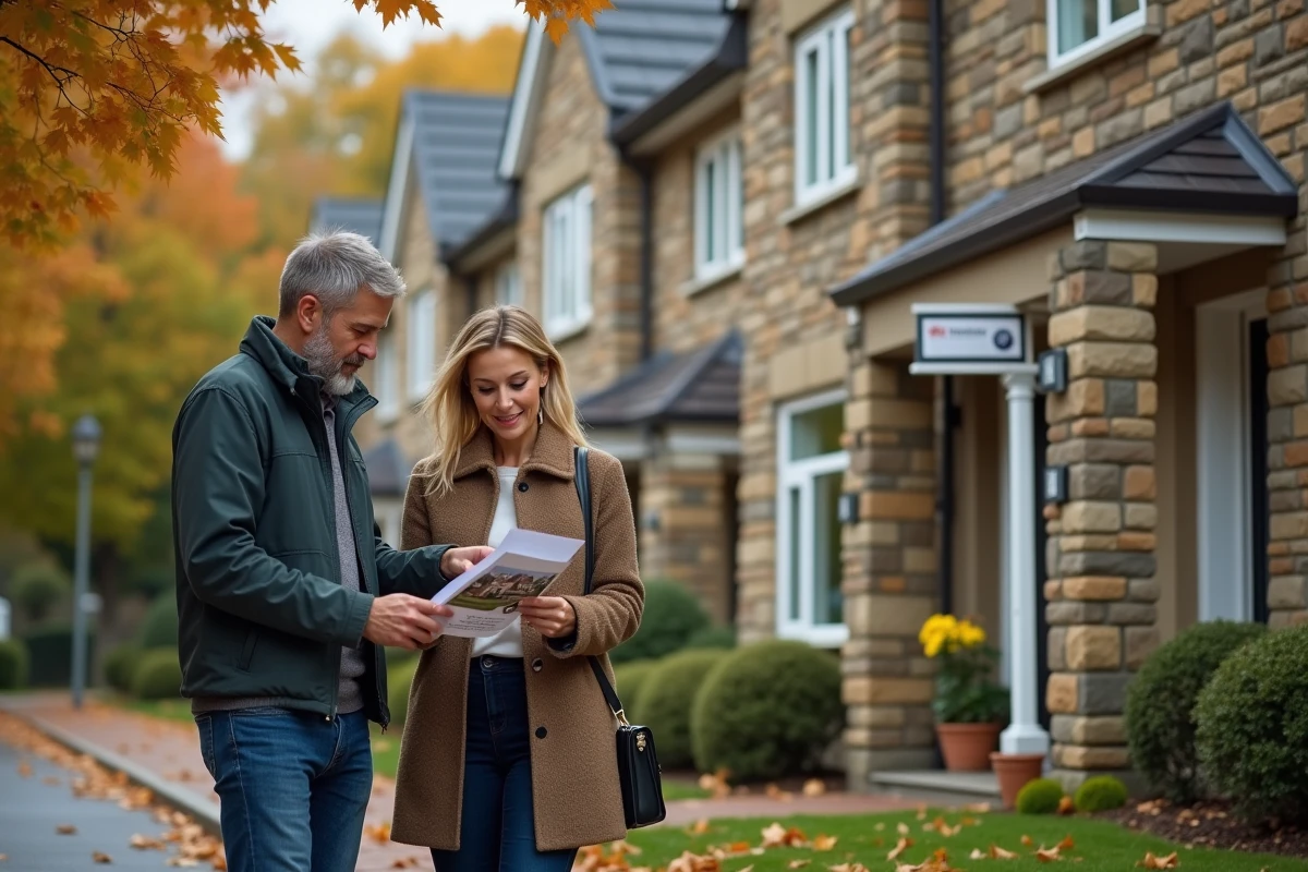 Couple visitant une maison en pierre à vendre dans un quartier résidentiel calme pour un projet d'investissement immobilier