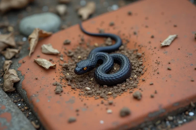 Gros plan macro de crottes de couleuvre sur une dalle de jardin en terre cuite avec pointe blanche caractéristique
