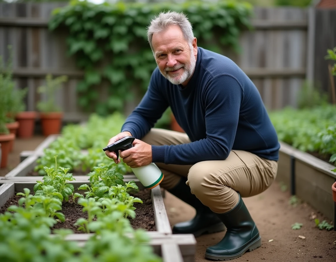 Jardinier appliquant un désherbant ciblé entre les rangs de tomates dans un potager bien entretenu