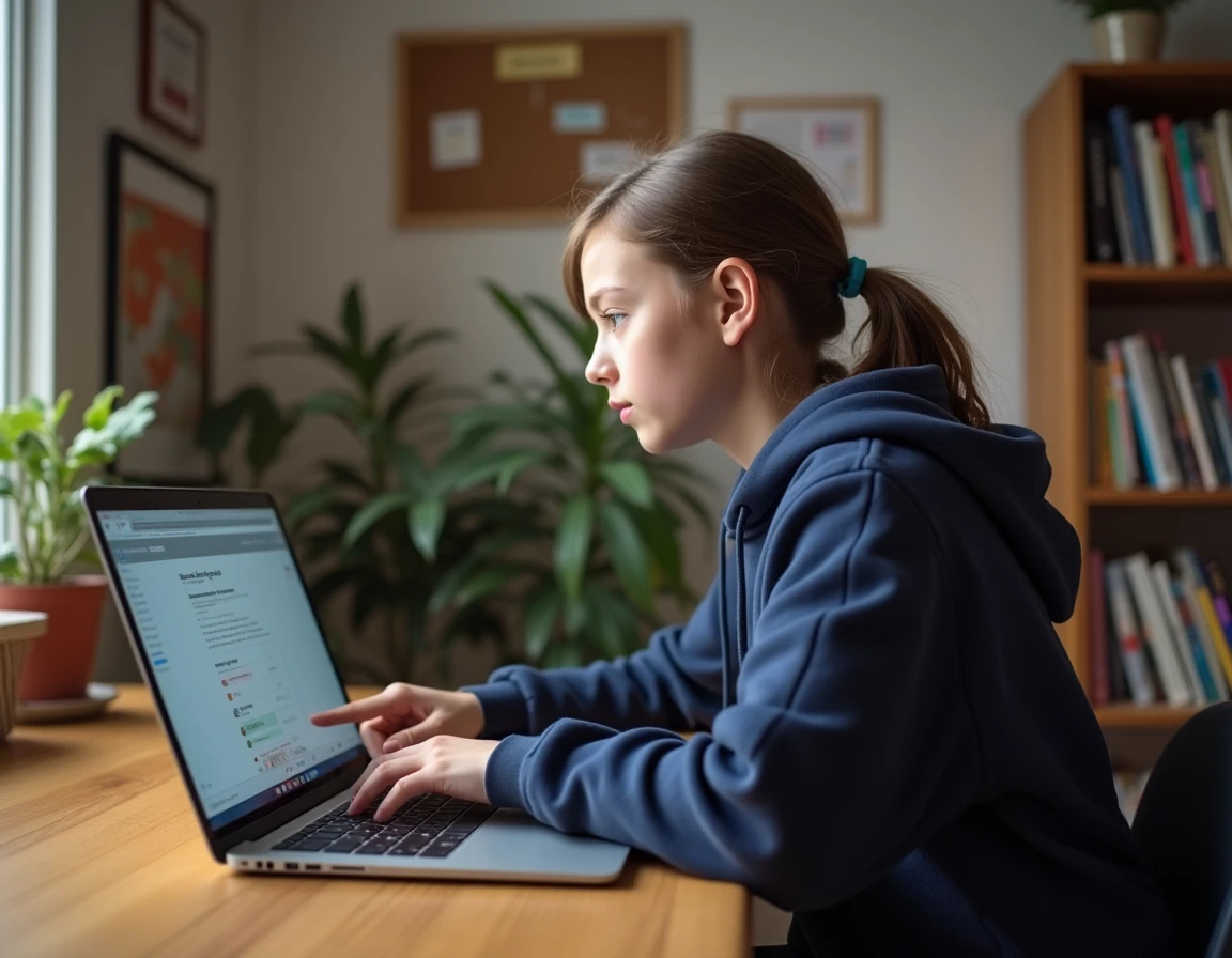 Élève lycéenne utilisant un ordinateur portable pour envoyer un document sur Pronote depuis sa chambre