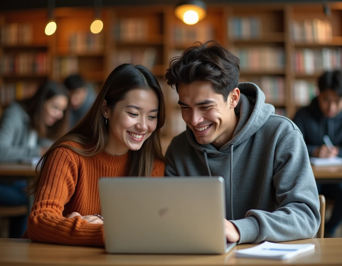 Deux étudiants collaborant autour d'une application de traduction sur ordinateur portable dans une bibliothèque universitaire