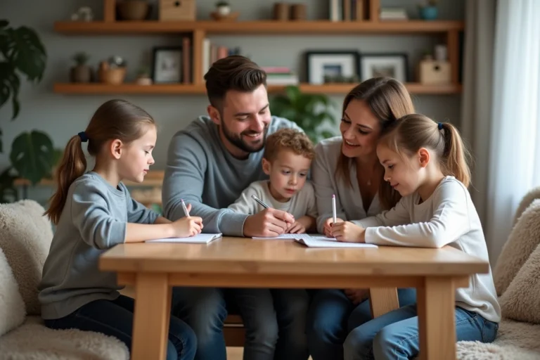 Famille dans un salon moderne en train d'écrire ensemble