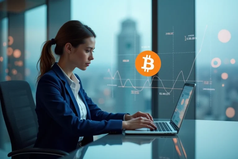 Femme d'affaires regardant un graphique Bitcoin en bureau
