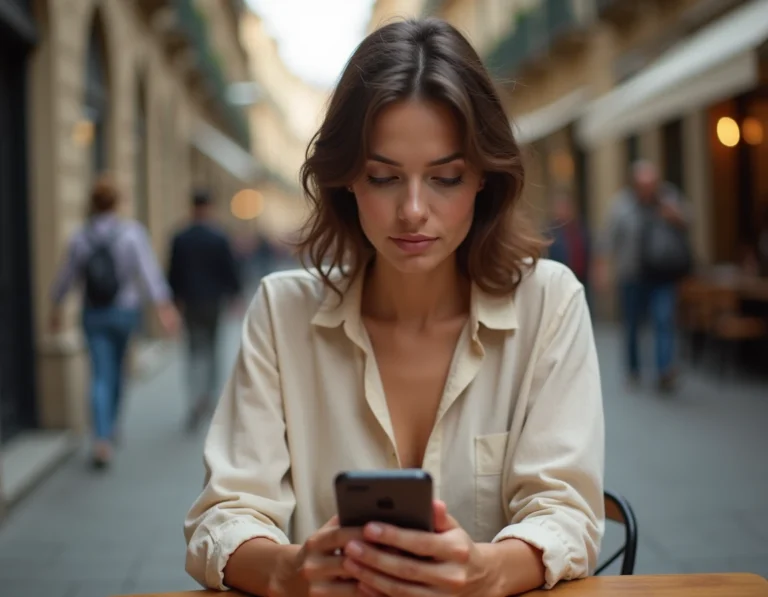Jeune femme utilisant une application de traduction sur smartphone dans un café européen