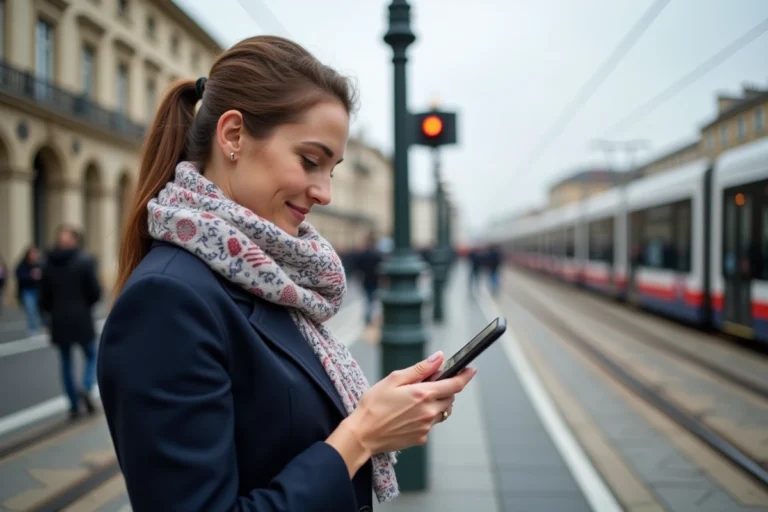 Jeune femme à Bordeaux vérifiant son smartphone sur le quai