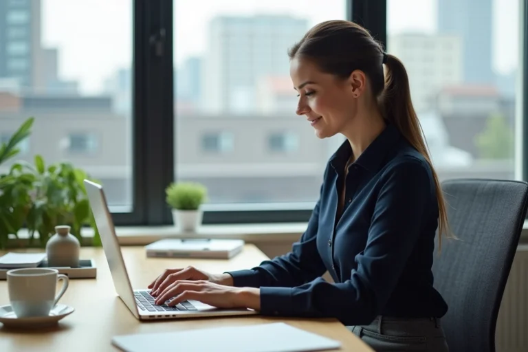 Femme professionnelle concentrée sur son ordinateur au bureau