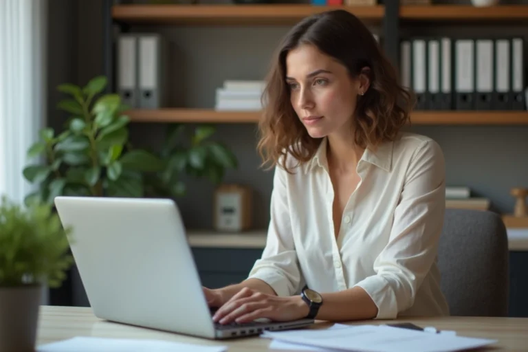 Femme en télétravail dans un bureau moderne et organisé