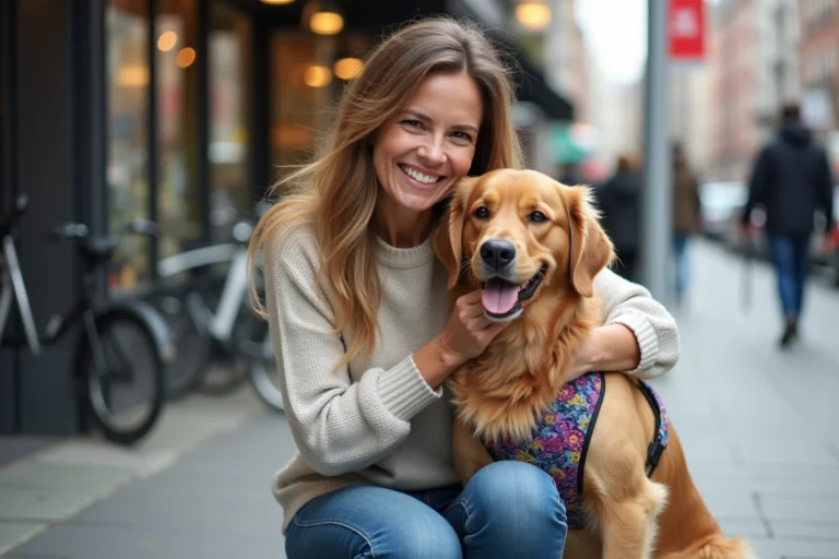 Femme et chien dans la ville avec sourire naturel