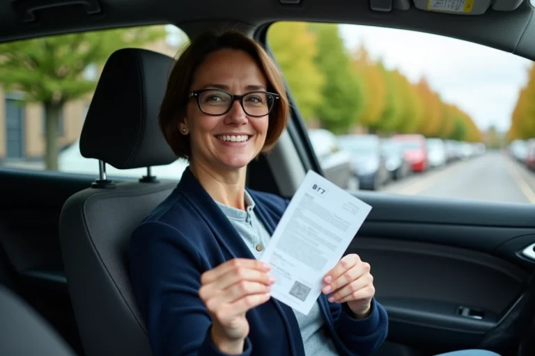 Femme souriante tenant son permis de conduire dans la voiture