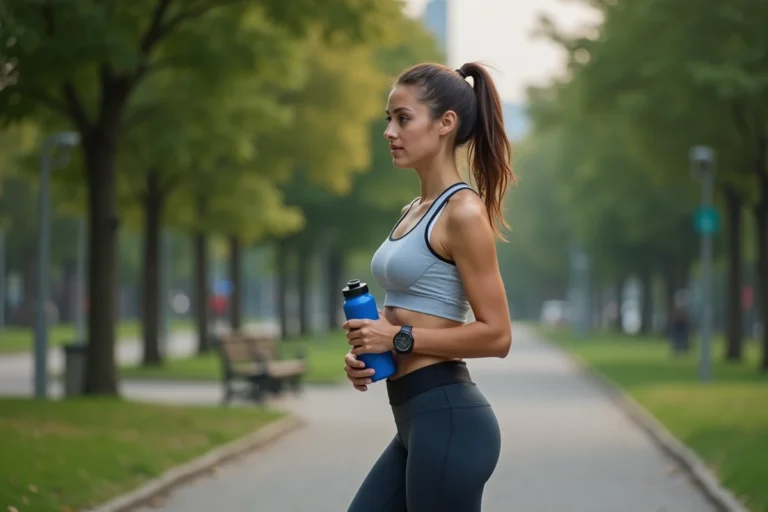 Jeune femme sportive en course dans un parc urbain
