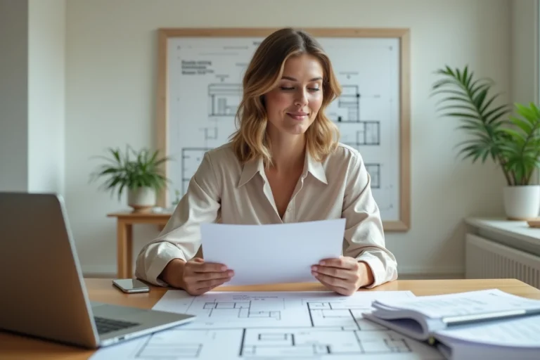 Jeune femme en bureau étudiant des devis maison