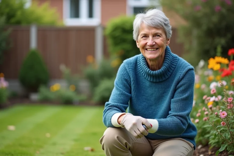 Femme senior souriante dans son jardin en été