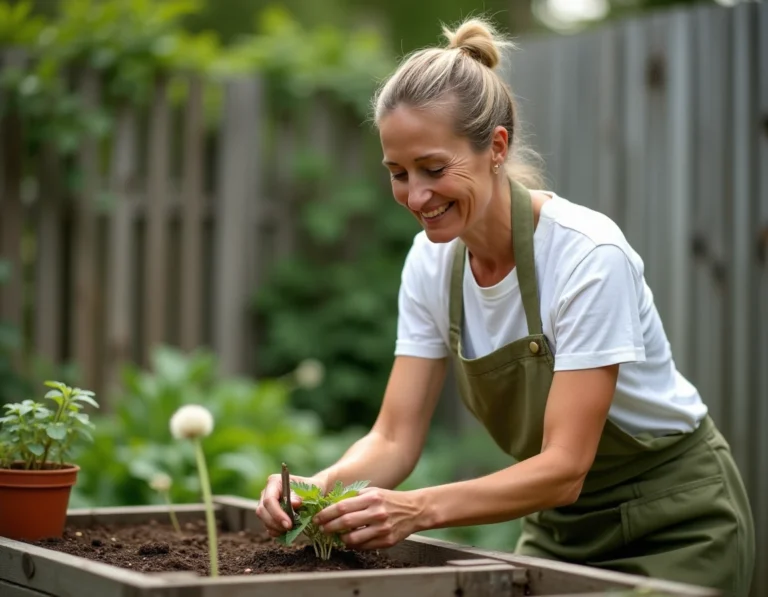 Femme jardinière inspectant des plants dans un potager surélevé en bois, équipement de jardinage au premier plan