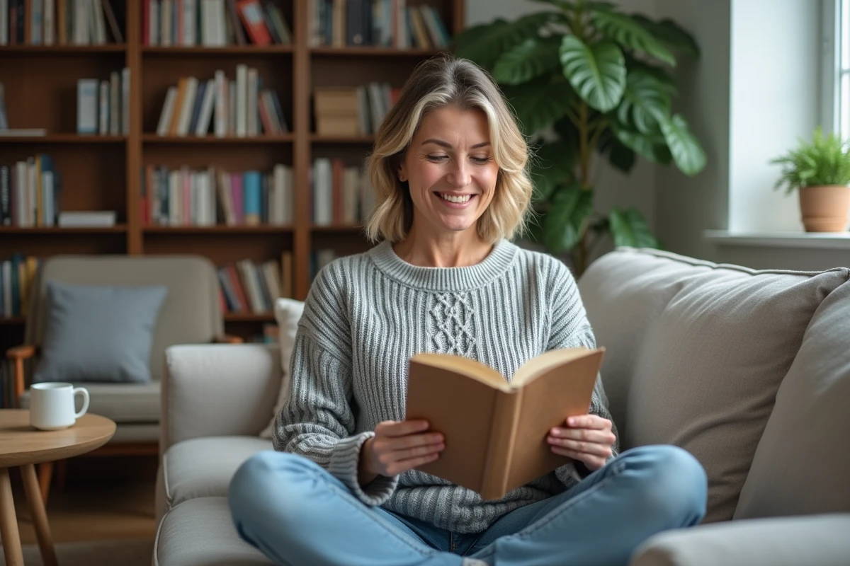 Femme lisant un livre sur les expressions et mots populaires du langage courant français dans un salon cosy