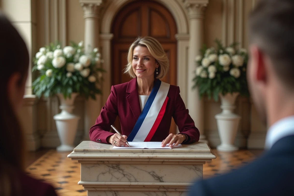 Femme maire en écharpe tricolore lisant son discours devant les mariés lors d'une cérémonie civile