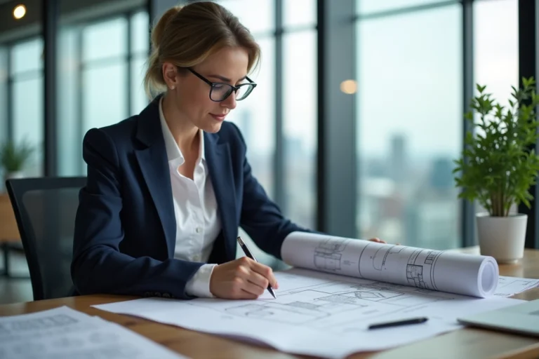 Femme professionnelle analysant des plans immobiliers et des documents financiers dans un bureau moderne pour un investissement réussi