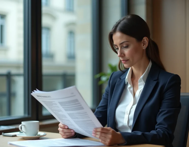 Femme professionnelle lisant un journal économique dans un bureau moderne à Paris