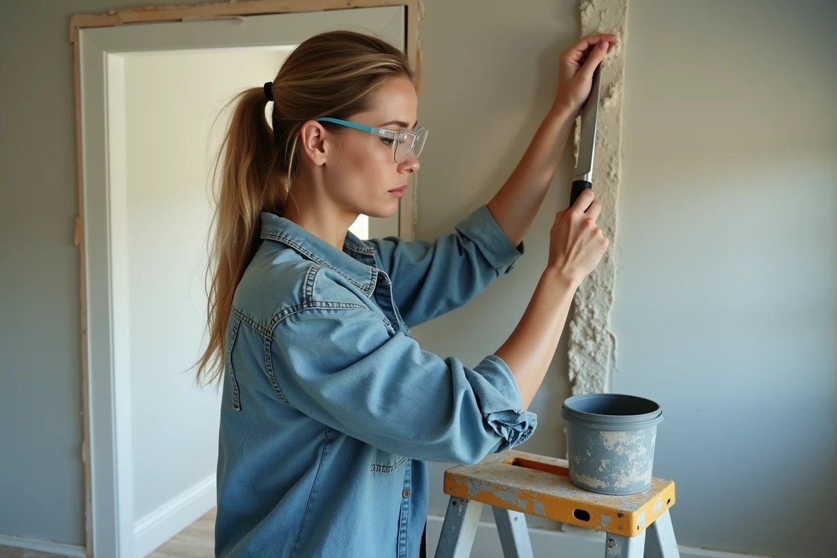 Femme rénovant un mur intérieur en appliquant de l'enduit lors d'un projet de bricolage à domicile