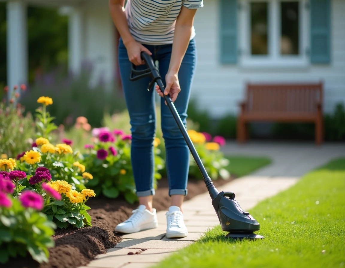 Femme utilisant un rotofil électrique à fil nylon pour border les contours d'une pelouse autour d'un parterre de fleurs