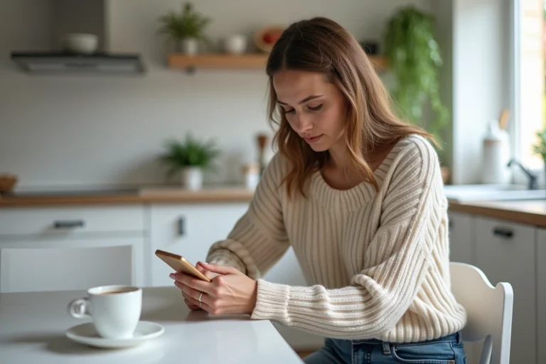 Femme en sweater regardant son smartphone dans la cuisine