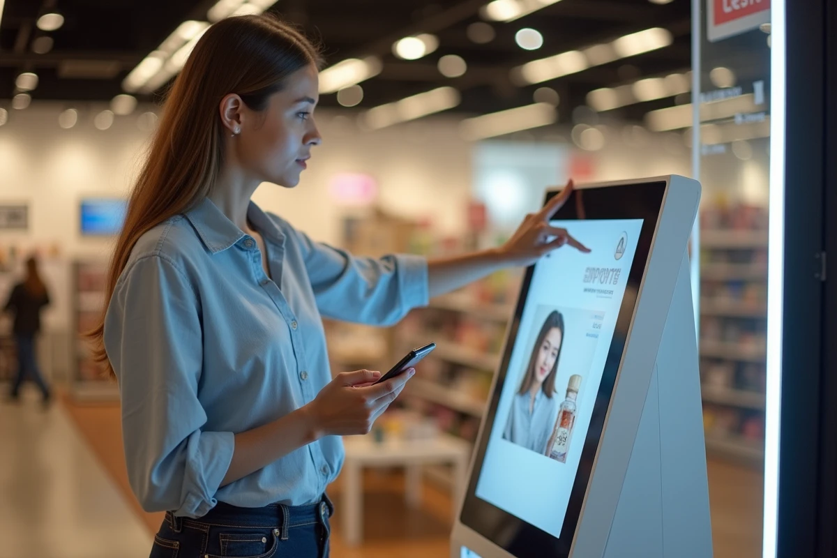 Femme utilisant une borne photo en libre-service dans un magasin Leclerc, consultation du prix sur écran tactile