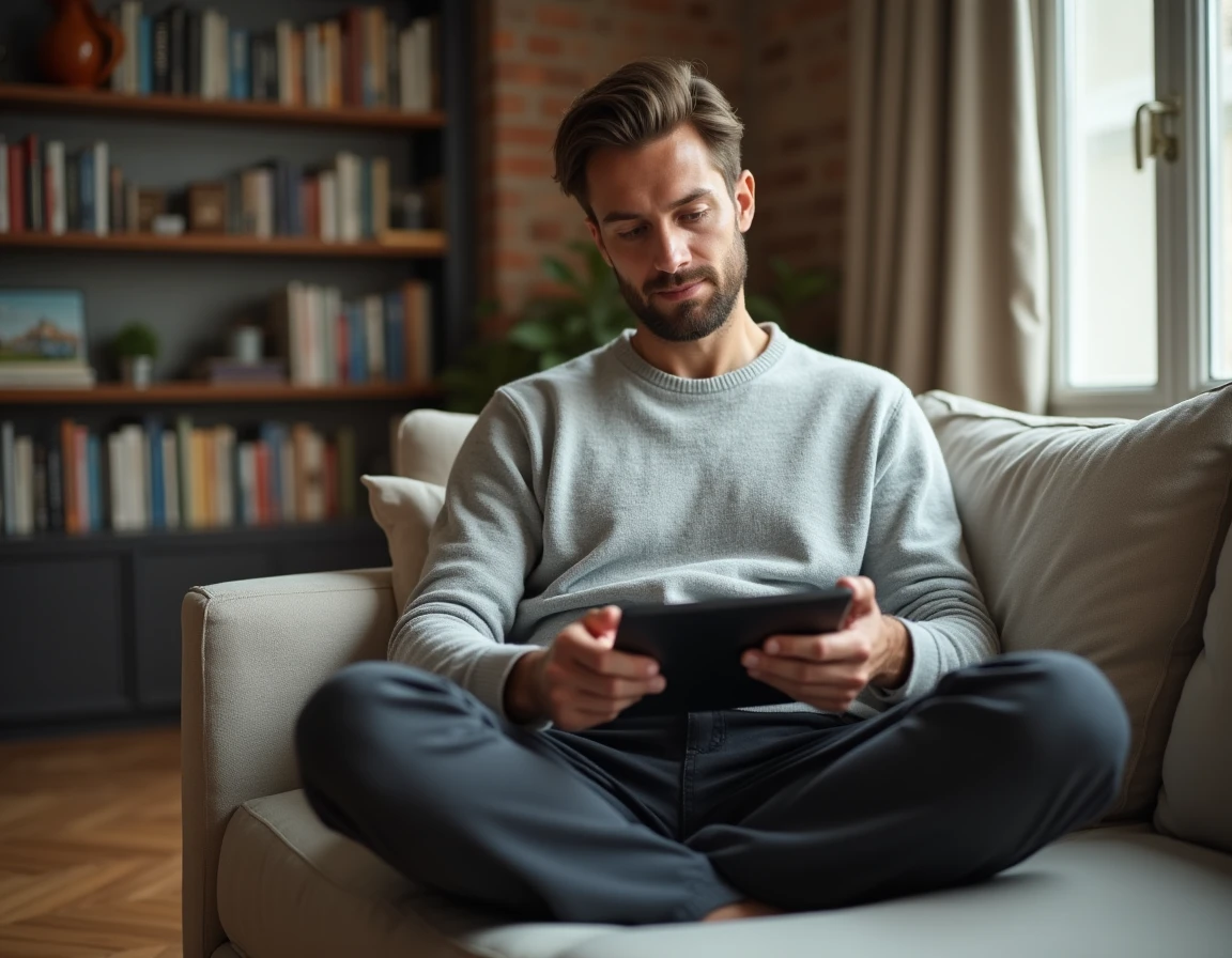Homme consultant l'actualité économique sur une tablette dans un appartement parisien