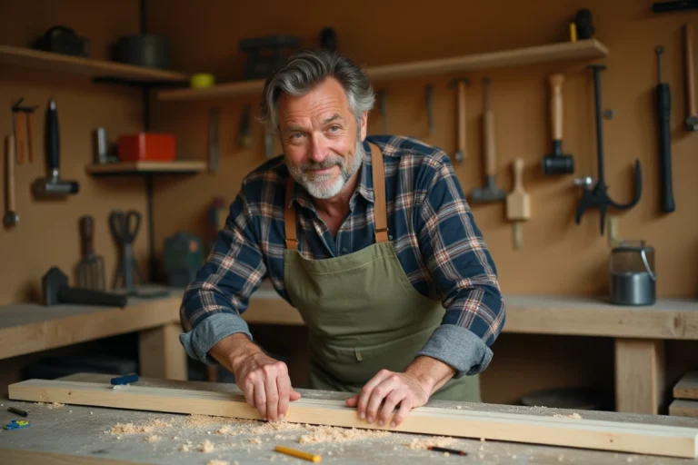 Homme bricoleur mesurant une planche en bois dans un atelier de bricolage à la maison avec outils et sciure