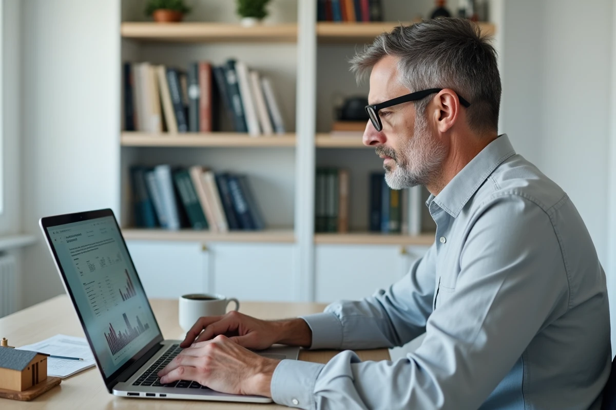 Homme concentré travaillant sur des tableurs d'investissement immobilier depuis son bureau à domicile avec modèle architectural