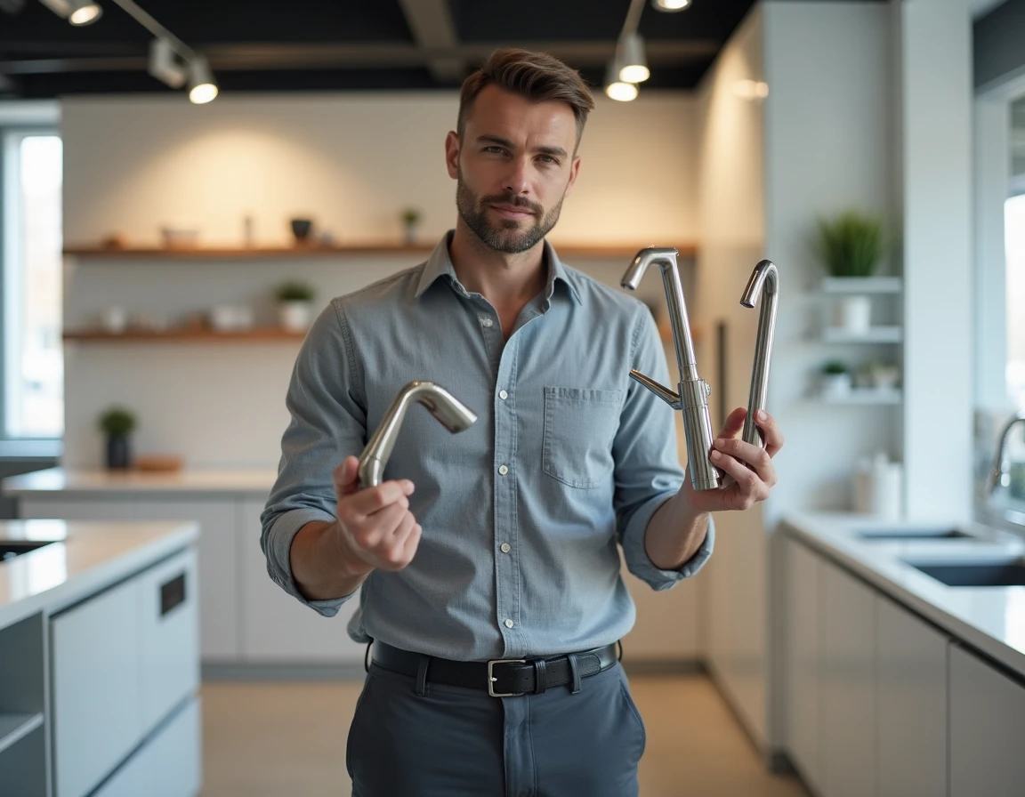 Homme comparant deux robinets en inox dans un showroom d'équipements de maison moderne