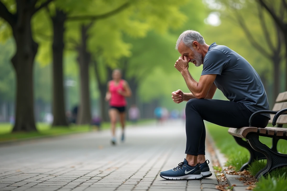 Homme coureur ajustant ses chaussures dans un parc urbain