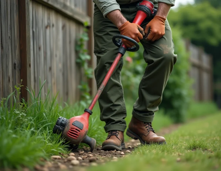 Homme utilisant une débroussailleuse professionnelle avec lame métallique pour défricher des herbes épaisses en bordure de jardin