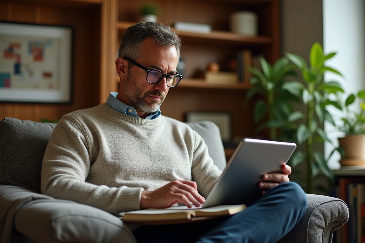 Homme détendu vérifiant ses emails dans un bureau à domicile