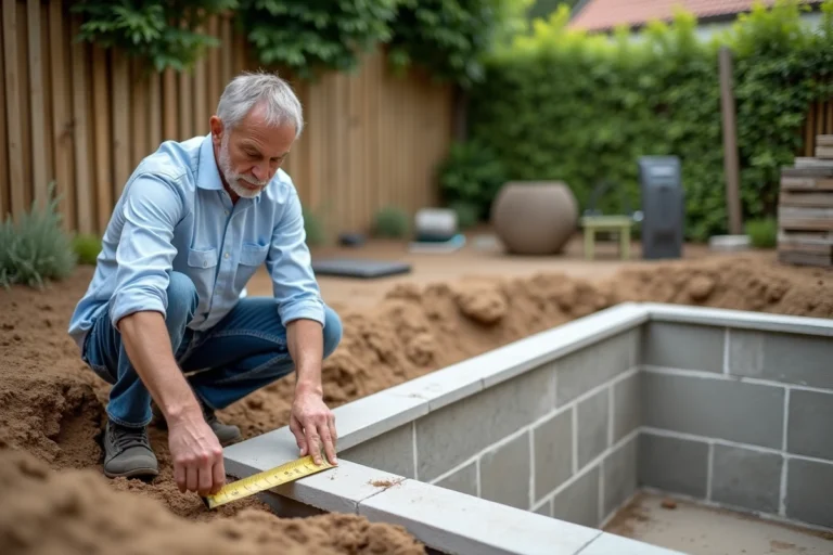 Homme mesurant une terrasse enterrée en jardin