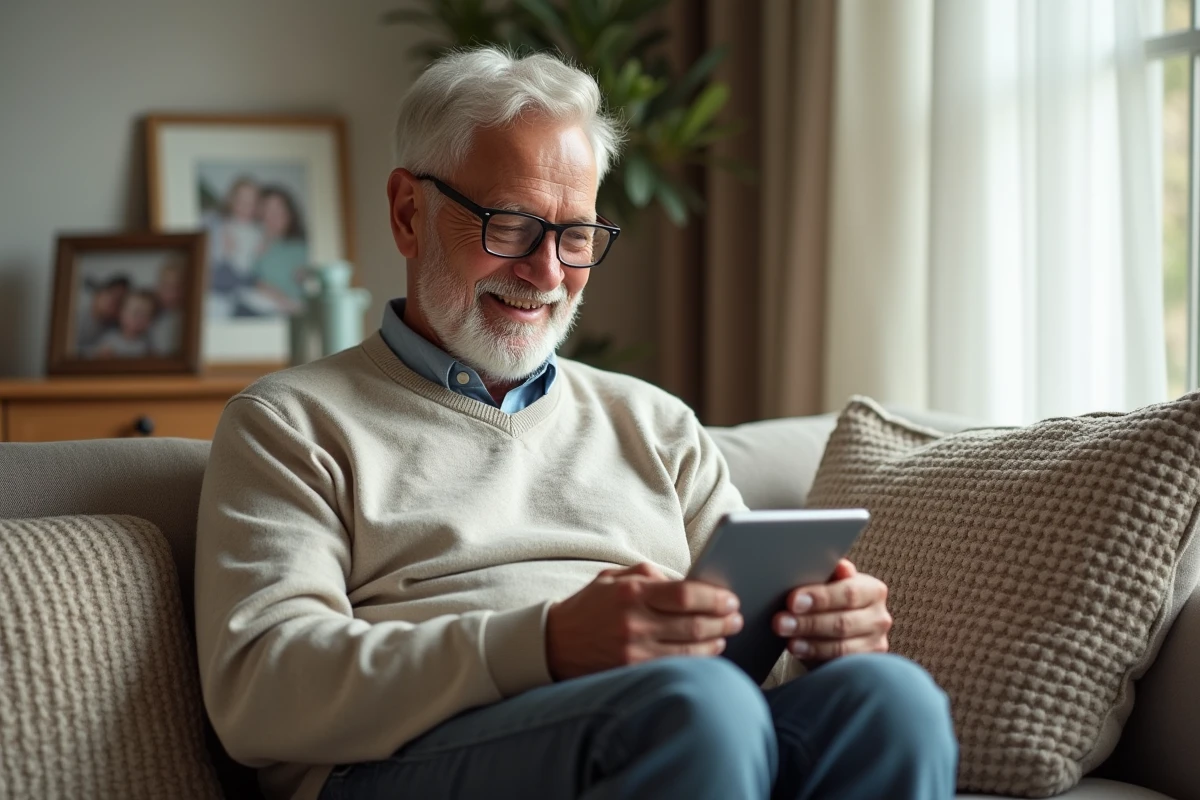 Homme âgé en visioconférence dans un salon lumineux