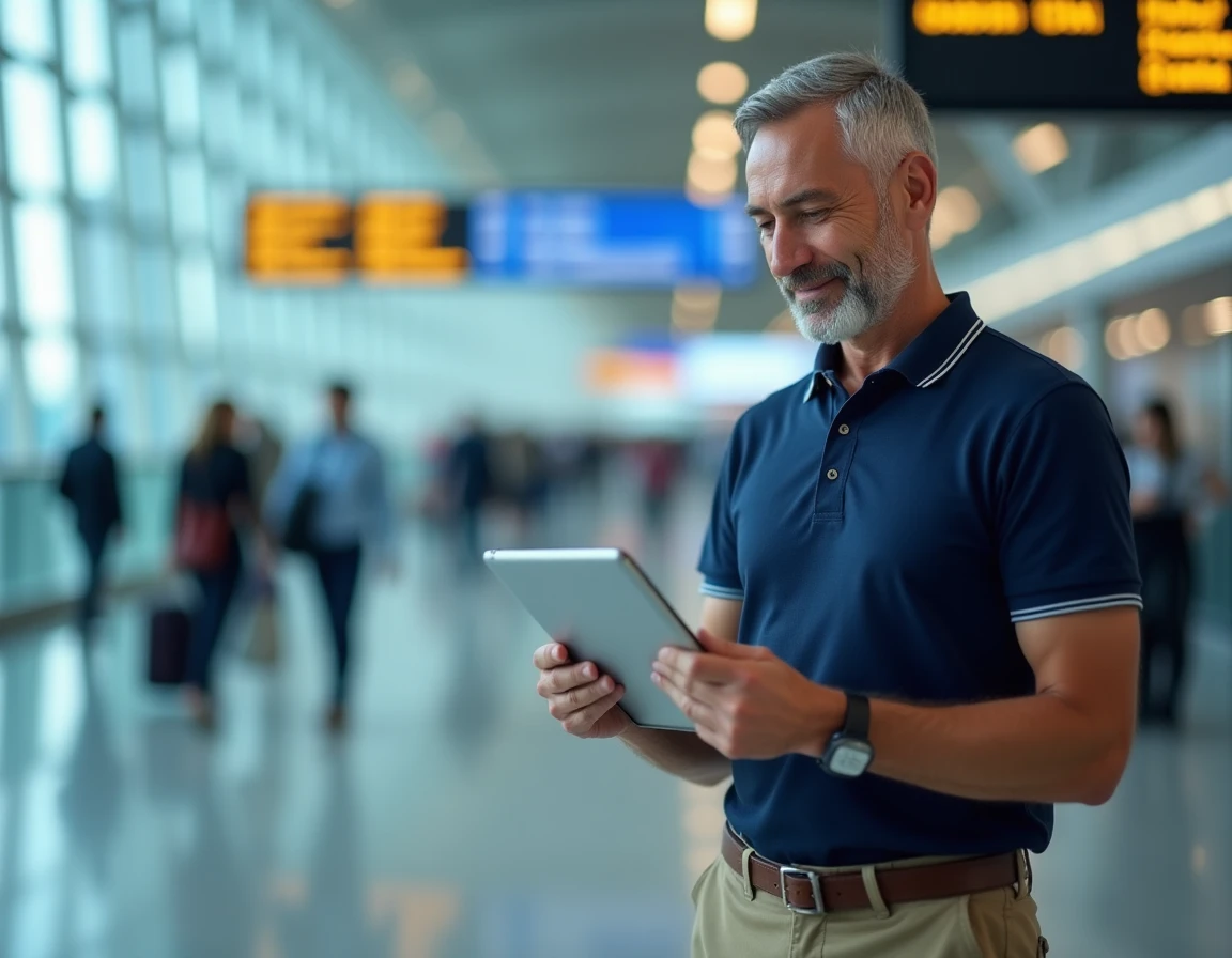 Homme d'affaires utilisant une tablette avec une application de traduction dans un aéroport international