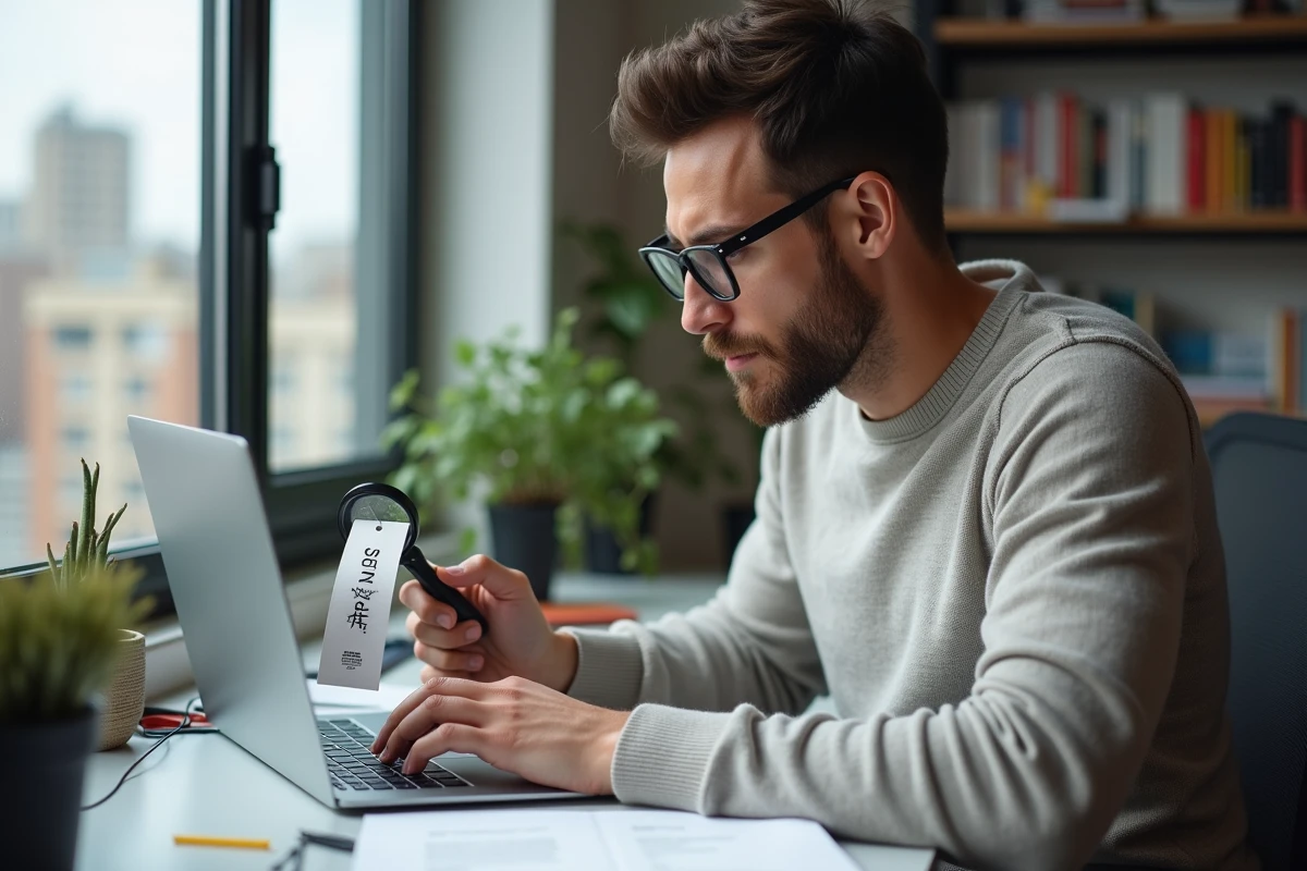 Homme examine une étiquette de t-shirt sur son bureau lumineux