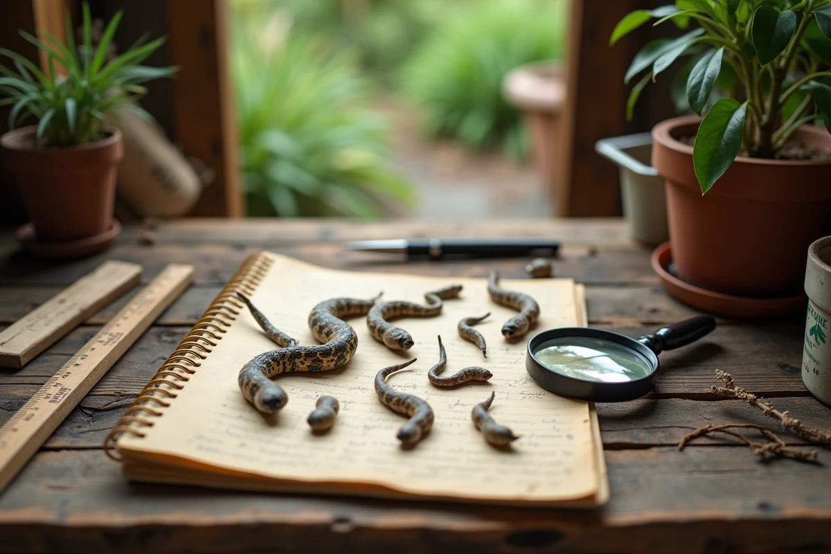 Table de jardinier avec des spécimens de crottes de couleuvre, règle et carnet de notes pour identification naturaliste