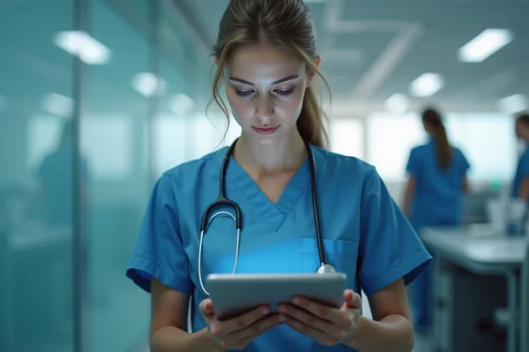 Infirmière moderne utilisant une tablette en hôpital