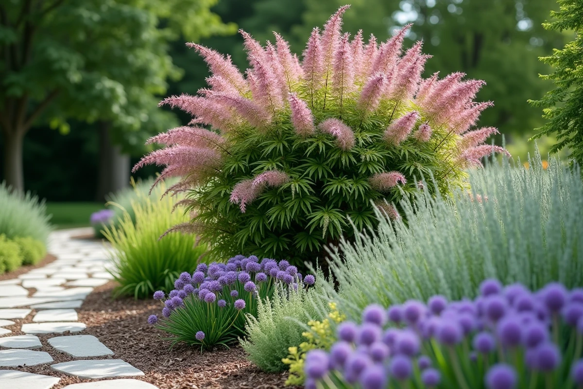 Bordure de jardin avec salix et alliums en fleurs